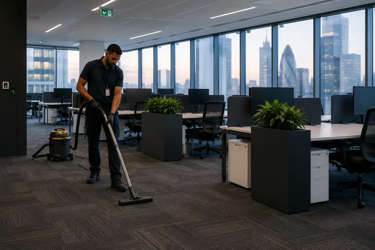 Cleaner at work on an open-plan office floor in London